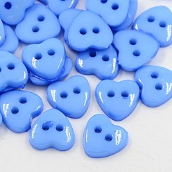 Bleu Bleuet Boutons acryliques de coeur , boutons de couture en plastique pour la conception de costumes, 2-trou, teint, bleuet, 12x12x3mm, Trou: 1mm