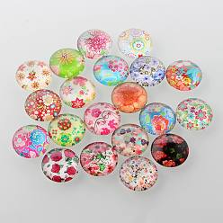 Mixed Color Half Round/Dome Floral Printed Glass Cabochons, Mixed Color, 20x6mm