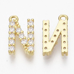 Letter N Brass Micro Pave Cubic Zirconia Charms, Nickel Free, Letter, Clear, Real 18K Gold Plated, Letter.N, 13.5x8x2.5mm, Hole: 1.2mm