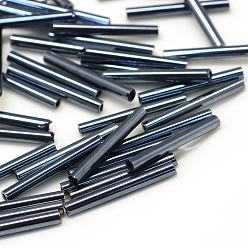 Hematite Plated Glass Bugle Beads, Hematite Plated, 20x2.5mm, Hole: 0.5mm, about 2000~2500pcs/bag