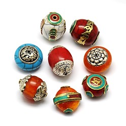 Mixed Color Handmade Tibetan Style Beads, Thailand 925 Sterling Silver or Brass with Turquoise, Beeswax or Synthetic Coral, Mixed Shapes, Mixed Color, 24~34x21~25x14~19mm, Hole: 1.5~3mm