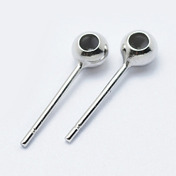 Platinum Rhodium Plated 925 Sterling Silver Ear Stud Findings, Rondelle Stopper Beads with Rubber, Platinum, 15x4x3mm, Hole: 1mm, Pin: 0.8mm