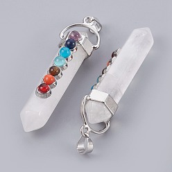Quartz Crystal Chakra Jewelry, Natural Quartz Crystal Double Terminated Pointed Pendants, with Natural & Synthetic Mixed Stone Alloy Findings, Bullet, Platinum, 58~61x16.5~18x15.5~16mm, Hole: 4.5x7.5mm