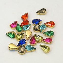 Mixed Color Sew on Rhinestone, Multi-strand Links, Multi-strand Links, Acrylic Rhinestone, with Brass Prong Settings, Garments Accessories, teardrop, Golden Metal Color, Mixed Color, 10x6x5mm, Hole: 1mm