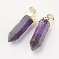 Amethyst Natural Amethyst Pointed Pendants, with Brass Findings, Bullet, Golden, 28~29x6~7mm, Hole: 4x6mm