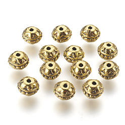 Antique Golden Tibetan Style Alloy Beads, Round, Antique Golden Color, Lead Free & Nickel Free & Cadmium Free, Size: about 8mm in diameter, 7mm thick, hole: 1.5mm