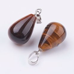 Tiger Eye Natural Tiger Eye Pendants, with Platinum Tone Brass Findings, Drop, 24~24.5x14mm, Hole: 5x7mm