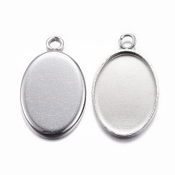 Stainless Steel Color 304 Stainless Steel Pendant Cabochon Settings, Oval, Stainless Steel Color, Tray: 13x18mm, 22x14x1mm, Hole: 2mm