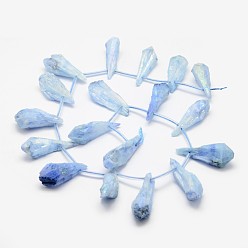 Bleu Ciel Galvaniques quartz naturel perles de cristal brins, perles percées, teint, larme, bleu ciel, 27~34x8~12x5~9mm, Trou: 1.5mm, Environ 22 pcs/chapelet, 14.3 pouce