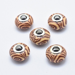 Terre De Sienne Perles européennes en pate polymère manuelles, avec noyaux en laiton plaqué couleur argent, Perles avec un grand trou   , rondelle, Sienna, 13~16x8~11mm, Trou: 4.5~5mm