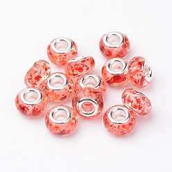 Rouge Résine perles européennes, perles de rondelle avec grand trou , avec des noyaux de cuivre, argenterie, rouge, 14x9mm, Trou: 4.5mm