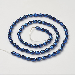 Blue Electroplate Glass Beads Strands, AB Color Plated, Faceted Oval, Blue, 6x4mm, Hole: 1mm, about 67~68pcs/strand