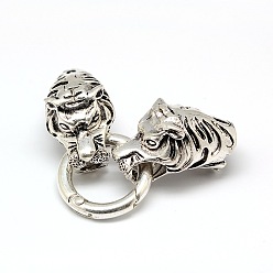 Antique Silver Tibetan Style Alloy Animal Tiger Head Spring Gate Rings, O Rings with Two Cord Ends for Bracelet Making, Antique Silver, 67x24.5mm, Hole: 10mm
