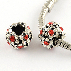 Mixed Color Antique Silver Plated Alloy Rhinestone Flower Large Hole European Beads, Mixed Color, 11x8mm, Hole: 5mm