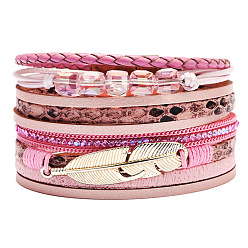 Pink PU Leather Multi-strand Bracelets, with Wax Polyester Cords, Alloy Magnetic Clasp and Rhinestone, Feather, Golden, Pink, 7-1/2 inch(19cm), 40mm
