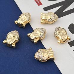 Real 18K Gold Plated CZ Brass Micro Pave Grade AAA Cubic Zirconia 3D Buddha Head Beads, Lead Free & Nickel Free & Cadmium Free, Real 24K Gold Plated, 15x11x8mm, Hole: 1.5mm