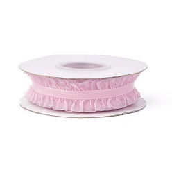 Pink Polyester Organza Ribbon, Pleated Ribbon, Ruffle Ribbon, Pink, 1 inch(25mm), about 50yards/roll(45.72m/roll)