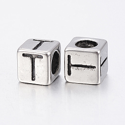 Antique Silver 304 Stainless Steel Large Hole Letter European Beads, Cube with Letter.T, Antique Silver, 8x8x8mm, Hole: 5mm