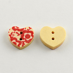 Mixed Color 2-Hole Printed Wooden Buttons, Heart, Mixed Color, 16x17x3mm, Hole: 2mm