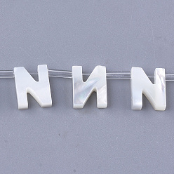 Letter N Natural Sea Shell Beads, White Shell Mother of Pearl Shell, Top Drilled Beads, Letter.N, 10x2.5~11.5x3mm, Hole: 0.8mm
