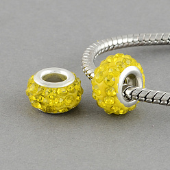 Citrine Polymer Clay Grade A Rhinestone Rondelle European Beads, with Double Brass Silver Color Plated Core, Large Hole Beads, Citrine, 12x7mm, Hole: 5mm