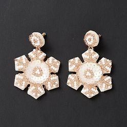 Bisque Christmas Snowflake Glass Seed Braided Dangle Stud Earrings, 316 Stainless Steel Wraped Jewelry for Women, Bisque, 54mm, Pin: 0.6mm