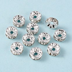 Crystal Brass Grade A Rhinestone Spacer Beads, Silver Color Plated, Nickel Free, Crystal, 8x3.8mm, Hole: 1.5mm