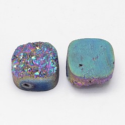 Purple Plated Electroplated Natural Druzy Quartz Crystal Beads, Square, Purple Plated, 14~15x14~15x8~9mm, Hole: 1.5mm