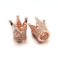 Rose Gold Brass Micro Pave Cubic Zirconia Crown Beads, Lead Free & Cadmium Free & Nickel Free, Clear, Rose Gold, 12.5x12mm, Hole: 1.5mm, Inner Diameter: 5mm