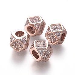 Real Rose Gold Plated Brass Micro Pave Cubic Zirconia Beads, Polygon, Clear, Real Rose Gold Plated, 6.5~7x6.5~7x6.5~7mm, Hole: 3mm, Diagonal Length: 9mm