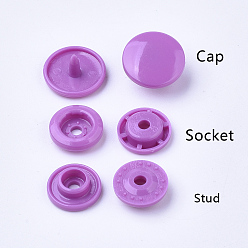 Orchid Resin Snap Fasteners, Raincoat Buttons, Flat Round, Orchid, Cap: 12x6.5mm, Pin: 2mm, Stud: 10.5x3.5mm, Hole: 2mm, Socket: 10.5x3mm, Hole: 2mm