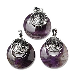 Amethyst Natural Amethyst Pendants, Spiritual Charms, with Platinum Tone Brass Findings, Flat Round with Flower of Life/Sacred Geometry, 32~32.5x28~30x7~7.5mm, Hole: 5x8mm