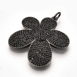 Gunmetal Brass Micro Pave Cubic Zirconia Pendants, with Jump Rings, Flower, Black, Gunmetal, 37x32x4mm, Hole: 2.5mm