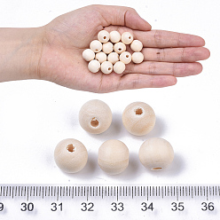 Blanc Floral Perles en bois naturel non fini, perles en bois ciré, surface lisse, ronde, floral blanc, 12mm, Trou: 2.5mm