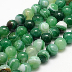 Sea Green Natural Striped Agate/Banded Agate Bead Strands, Round, Grade A, Dyed, Sea Green, 8mm, Hole: 1mm, about 47~48pcs/strand, 14.5 inch