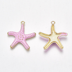 Pink Spray Painted Alloy Pendants, Starfish/Sea Stars, Light Gold, Pink, 29x27x3mm, Hole: 2mm