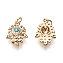Real 20K Gold Plated Brass Micro Pave Clear Cubic Zirconia Pendants, with Enamel and Jump Rings, Long-Lasting Plated, Hamsa Hand, Real 18K Gold Plated, 17.3x12.6x3.3mm, Jump Ring: 5x0.8mm, 3.4mm Inner Diameter