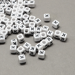 Letter K Large Hole Acrylic Letter European Beads, Horizontal Hole, White & Black, Cube with Letter.K, 6x6x6mm, Hole: 4mm, about 2950pcs/500g