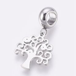 Stainless Steel Color 304 Stainless Steel European Dangle Charms, Large Hole Pendants, with Rhinestone, Tree, Stainless Steel Color, 25.5mm, Hole: 4mm, Pendant: 15.5x13.5x1mm