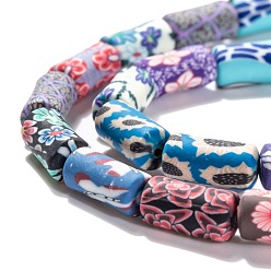 Colorful Handmade Flower Printed Polymer Clay Beads Strands, Column, Colorful, 11~12x5~6mm, Hole: 2.7mm, about 32~34pcs/strand, 15.8 inch(40cm)