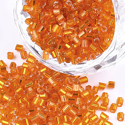 Dark Orange Grade A Glass Seed Beads, Hexagon(Two Cut), Silver Lined, Dark Orange, 1.5~2.5x1.5~2mm, Hole: 0.8mm, about 2100pcs/bag, 450g/bag