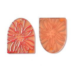 Coral Acrylic Pendants, 3D Printed, Half Oval with Flower, Coral, 36x27.6x2.3mm, Hole: 1.6mm