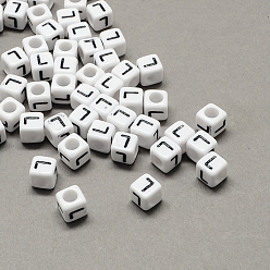 Letter L Large Hole Acrylic Letter European Beads, Horizontal Hole, White & Black, Cube with Letter.L, 6x6x6mm, Hole: 4mm, about 2950pcs/500g