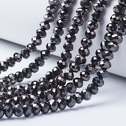 Gunmetal Plaqué Plaquent verre transparent perles brins, plein plaqué, facette, rondelle, plaqué gris anthracite, 4x3mm, Trou: 0.4mm, Environ 123~127 pcs/chapelet, 16.5~16.9 pouce (42~43 cm)