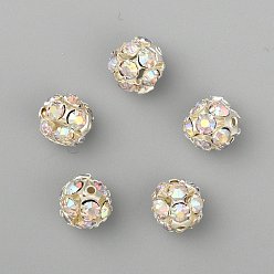 Clear AB Brass Rhinestone Beads, Grade A, Silver Color Plated, AB Color, Clear AB, Size: about 8mm in diameter, hole: 1mm