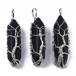 Agate Noire Pendentifs enveloppés de gros fil d'agate noire naturelle, Avec des fils en laiton, prismatique avec arbre de vie, platine, 48~62x14~17x13~18mm, Trou: 4x5~6mm