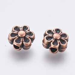 Red Copper Tibetan Style Beads, Zinc Alloy, Lead Free & Cadmium Free, Lovely Flower, Great for Mother's Day Gifts making, Red Copper, Size: about 6.5mm in diameter, 4.5mm thick, hole: 1mm