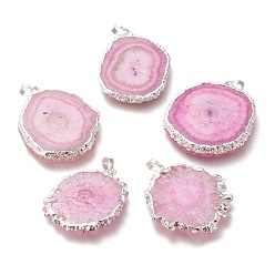 Pearl Pink Dyed Natural Druzy Solar Quartz Crystal Pendants, Edge Plated, with Brass Bails, Sunflower, Silver, Pearl Pink, 40~50x30~45x5~6mm, Hole: 4x6mm