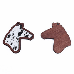 Creamy White Eco-Friendly Cowhide Leather Big Pendants, with Dyed Wood, Horse's Head with Cow Pattern, Creamy White, 53.5x42x3mm, Hole: 2mm