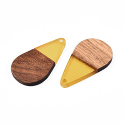 Yellow Transparent Resin & Walnut Wood Pendants, Teardrop Shape Charm, Yellow, 38x22x3mm, Hole: 2mm